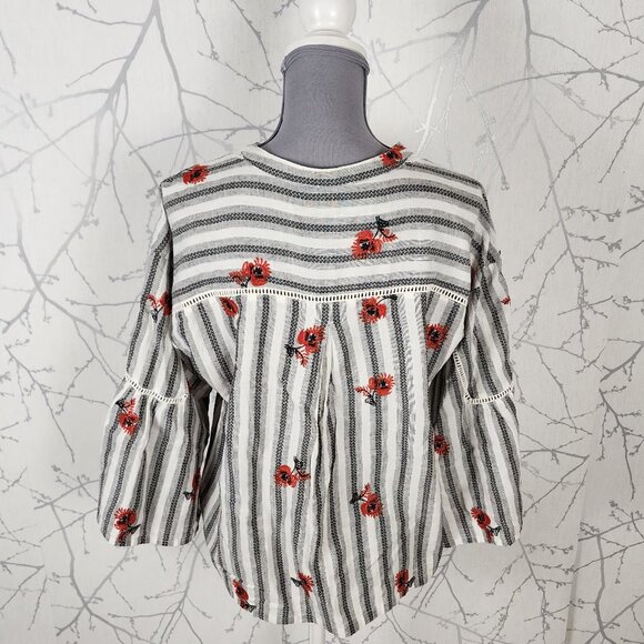 Fate White Stripe Floral Embroidered Bell Sleeve Blouse - Picture 5 of 8